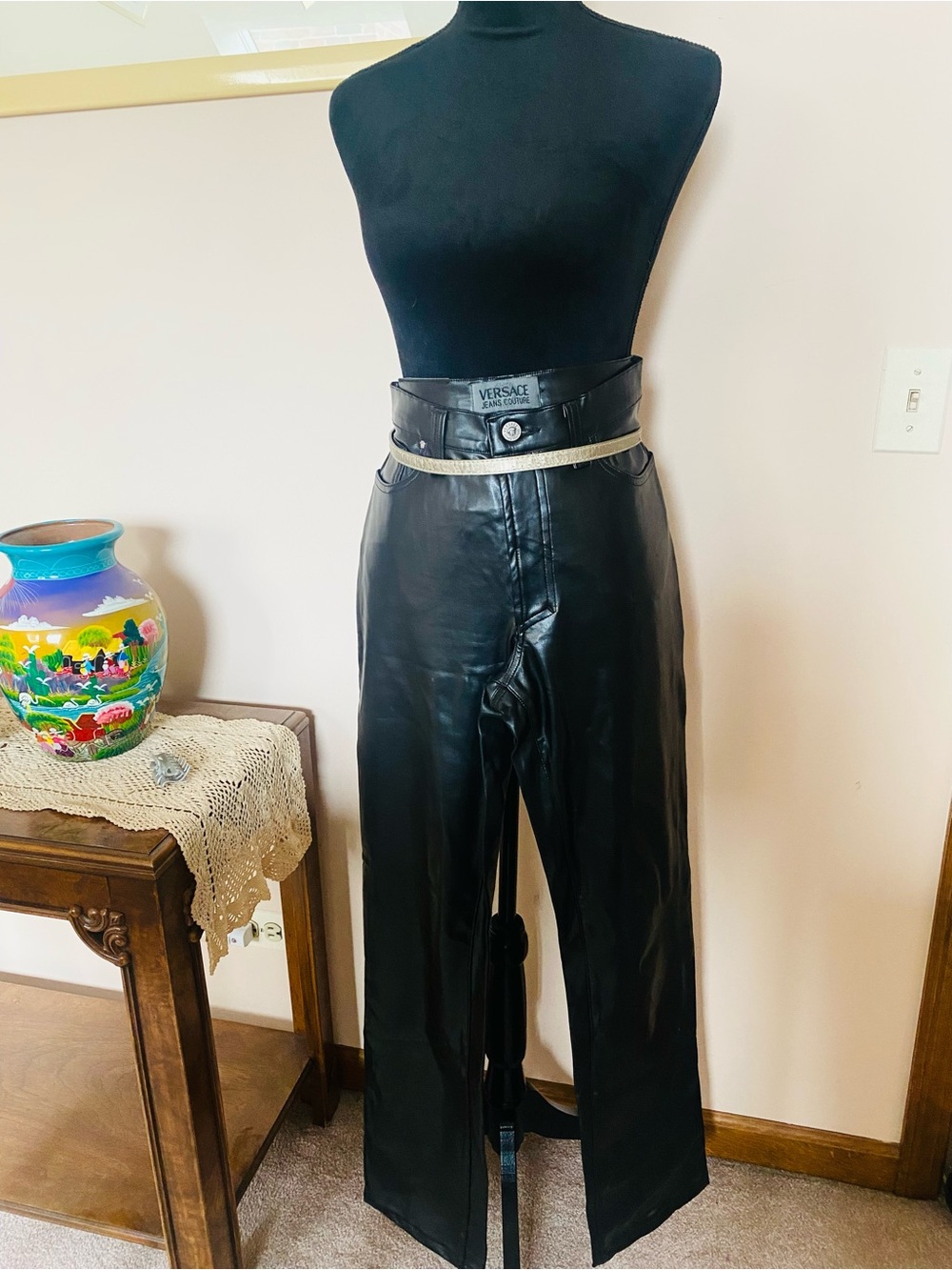 NEVER WORN Versace Black Leather Wide-Leg Trousers with Branded Waist